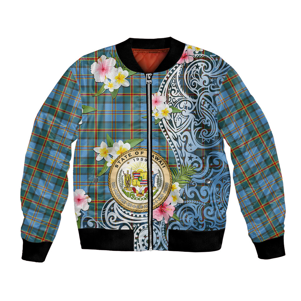 Personalised Hawaii State Bomber Jacket Tropical Flowers With Tartan Pattern LT05 Unisex Blue - Polynesian Pride