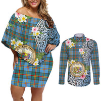 Personalised Hawaii State Couples Matching Off Shoulder Short Dress and Long Sleeve Button Shirt Tropical Flowers With Tartan Pattern LT05 Blue - Polynesian Pride