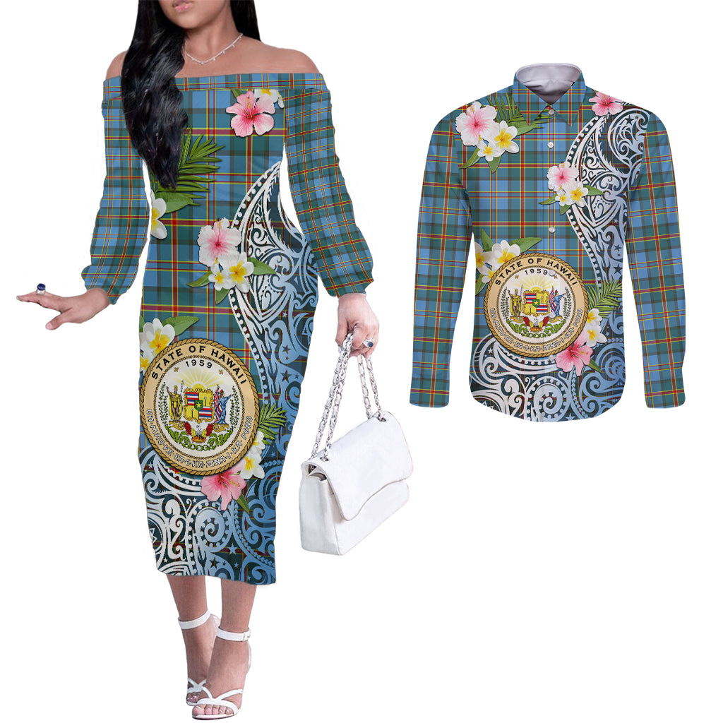 Personalised Hawaii State Couples Matching Off The Shoulder Long Sleeve Dress and Long Sleeve Button Shirt Tropical Flowers With Tartan Pattern LT05 Blue - Polynesian Pride