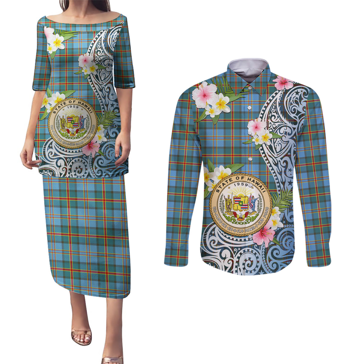 Personalised Hawaii State Couples Matching Puletasi Dress and Long Sleeve Button Shirt Tropical Flowers With Tartan Pattern LT05 Blue - Polynesian Pride
