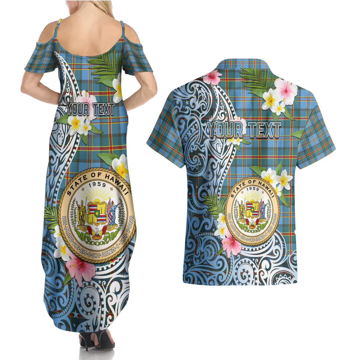 Personalised Hawaii State Couples Matching Summer Maxi Dress and Hawaiian Shirt Tropical Flowers With Tartan Pattern LT05 - Polynesian Pride