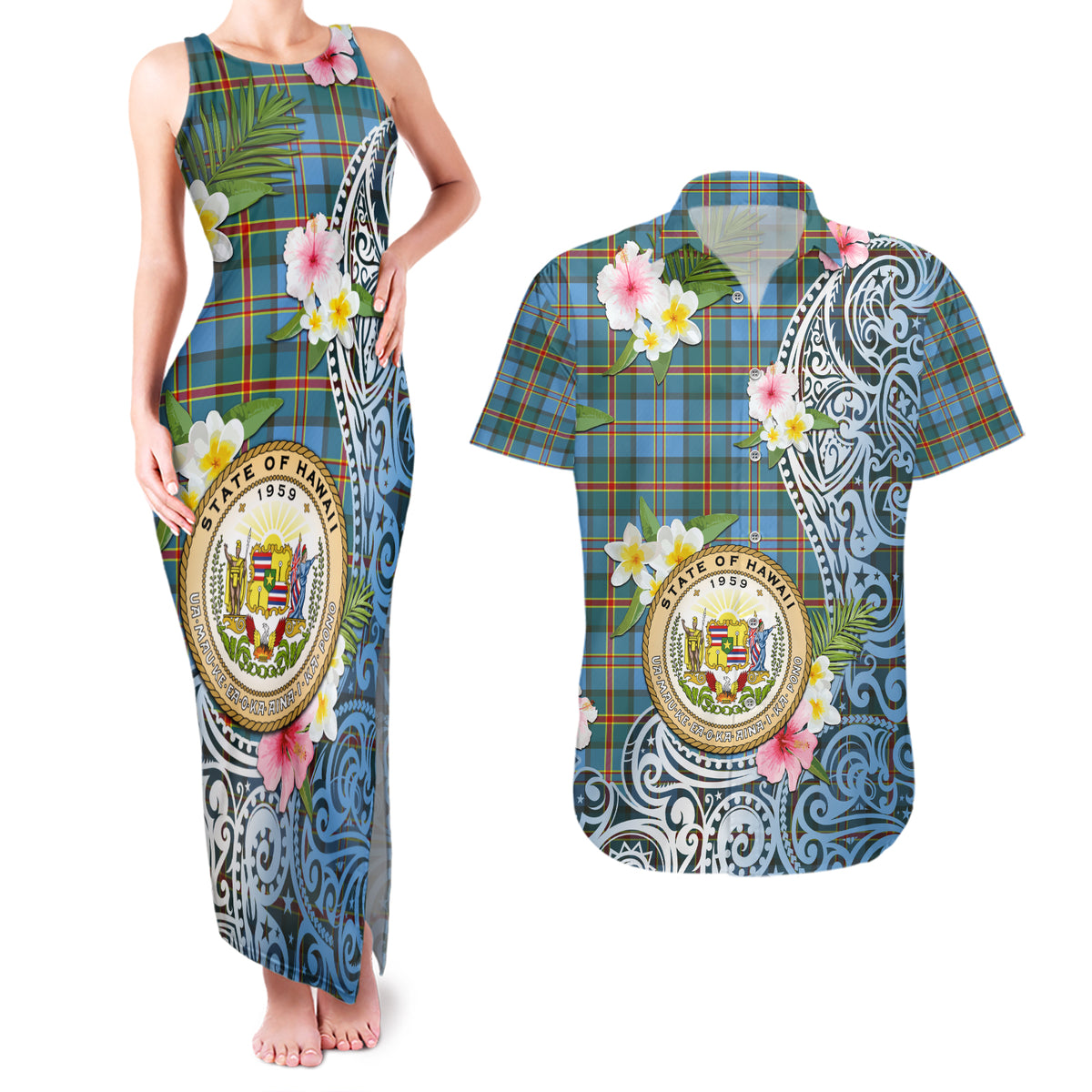 Personalised Hawaii State Couples Matching Tank Maxi Dress and Hawaiian Shirt Tropical Flowers With Tartan Pattern LT05 Blue - Polynesian Pride