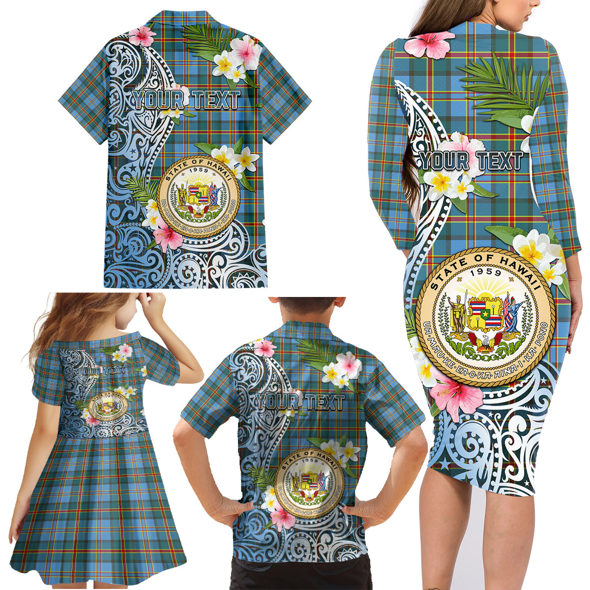Personalised Hawaii State Family Matching Long Sleeve Bodycon Dress and Hawaiian Shirt Tropical Flowers With Tartan Pattern LT05 - Polynesian Pride