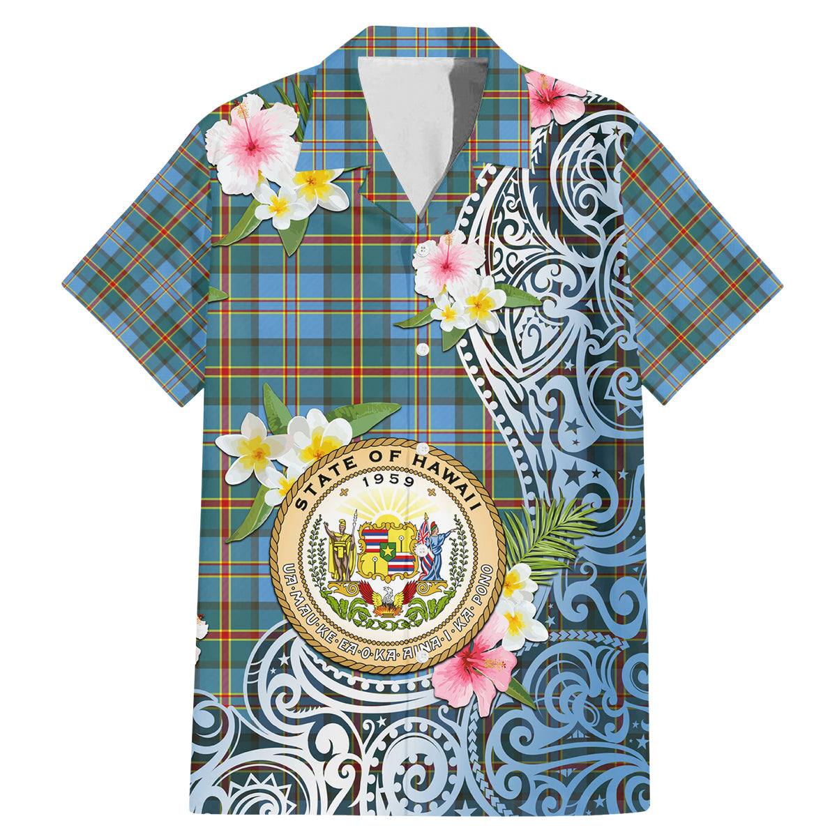 Personalised Hawaii State Family Matching Mermaid Dress and Hawaiian Shirt Tropical Flowers With Tartan Pattern LT05 Dad's Shirt - Short Sleeve Blue - Polynesian Pride