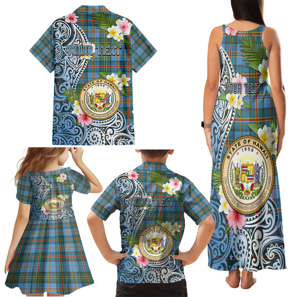 Personalised Hawaii State Family Matching Tank Maxi Dress and Hawaiian Shirt Tropical Flowers With Tartan Pattern LT05 - Polynesian Pride