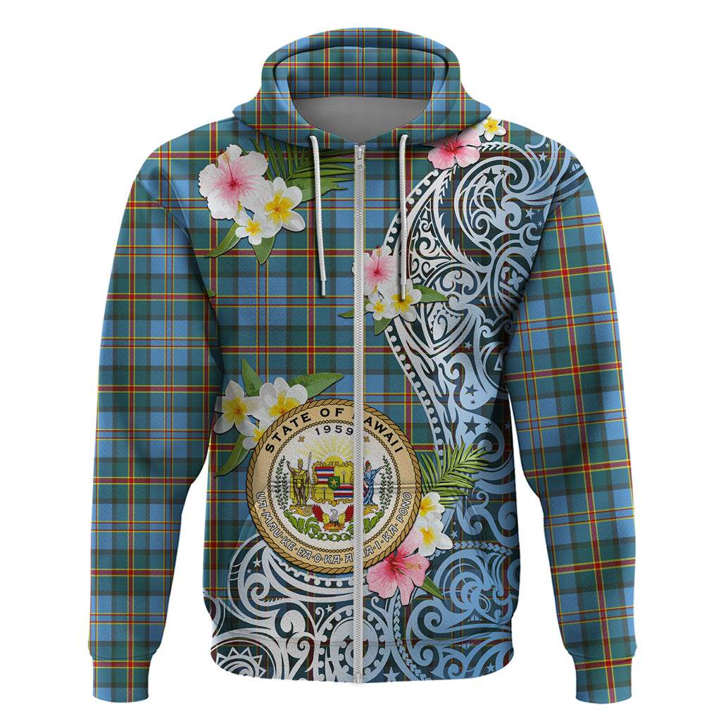 Personalised Hawaii State Hoodie Tropical Flowers With Tartan Pattern LT05 Zip Hoodie Blue - Polynesian Pride