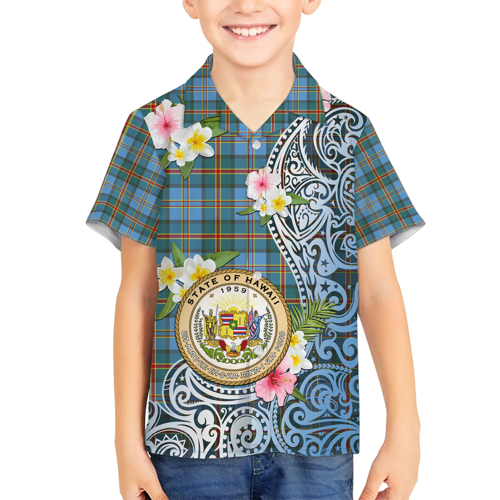 Personalised Hawaii State Kid Hawaiian Shirt Tropical Flowers With Tartan Pattern LT05 Kid Blue - Polynesian Pride