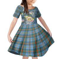 Personalised Hawaii State Kid Short Sleeve Dress Tropical Flowers With Tartan Pattern LT05 KID Blue - Polynesian Pride