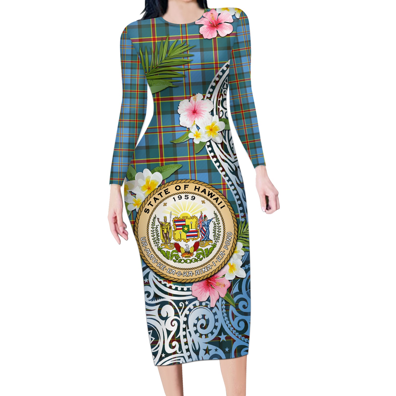 Personalised Hawaii State Long Sleeve Bodycon Dress Tropical Flowers With Tartan Pattern LT05 Long Dress Blue - Polynesian Pride