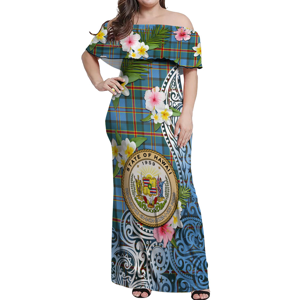 Personalised Hawaii State Off Shoulder Maxi Dress Tropical Flowers With Tartan Pattern LT05 Women Blue - Polynesian Pride