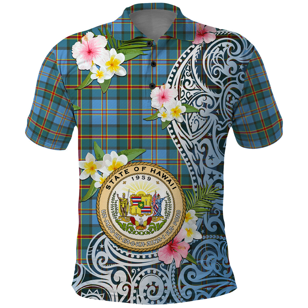 Personalised Hawaii State Polo Shirt Tropical Flowers With Tartan Pattern LT05 Blue - Polynesian Pride