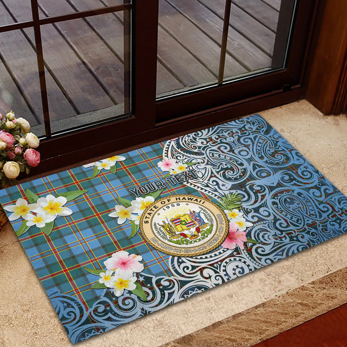 Hawaii State Rubber Doormat Tropical Flowers With Tartan Pattern LT05 - Polynesian Pride