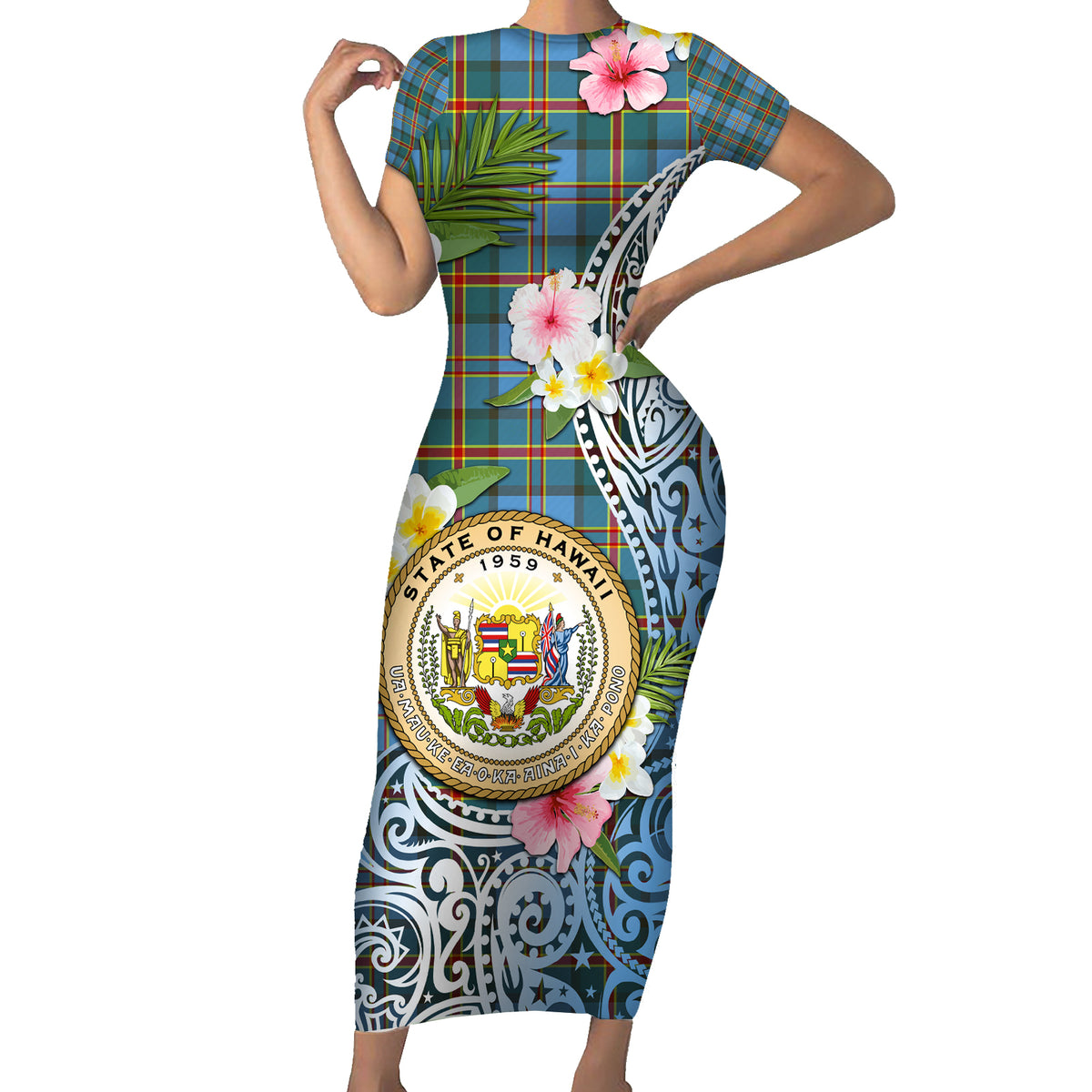 Personalised Hawaii State Short Sleeve Bodycon Dress Tropical Flowers With Tartan Pattern LT05 Long Dress Blue - Polynesian Pride