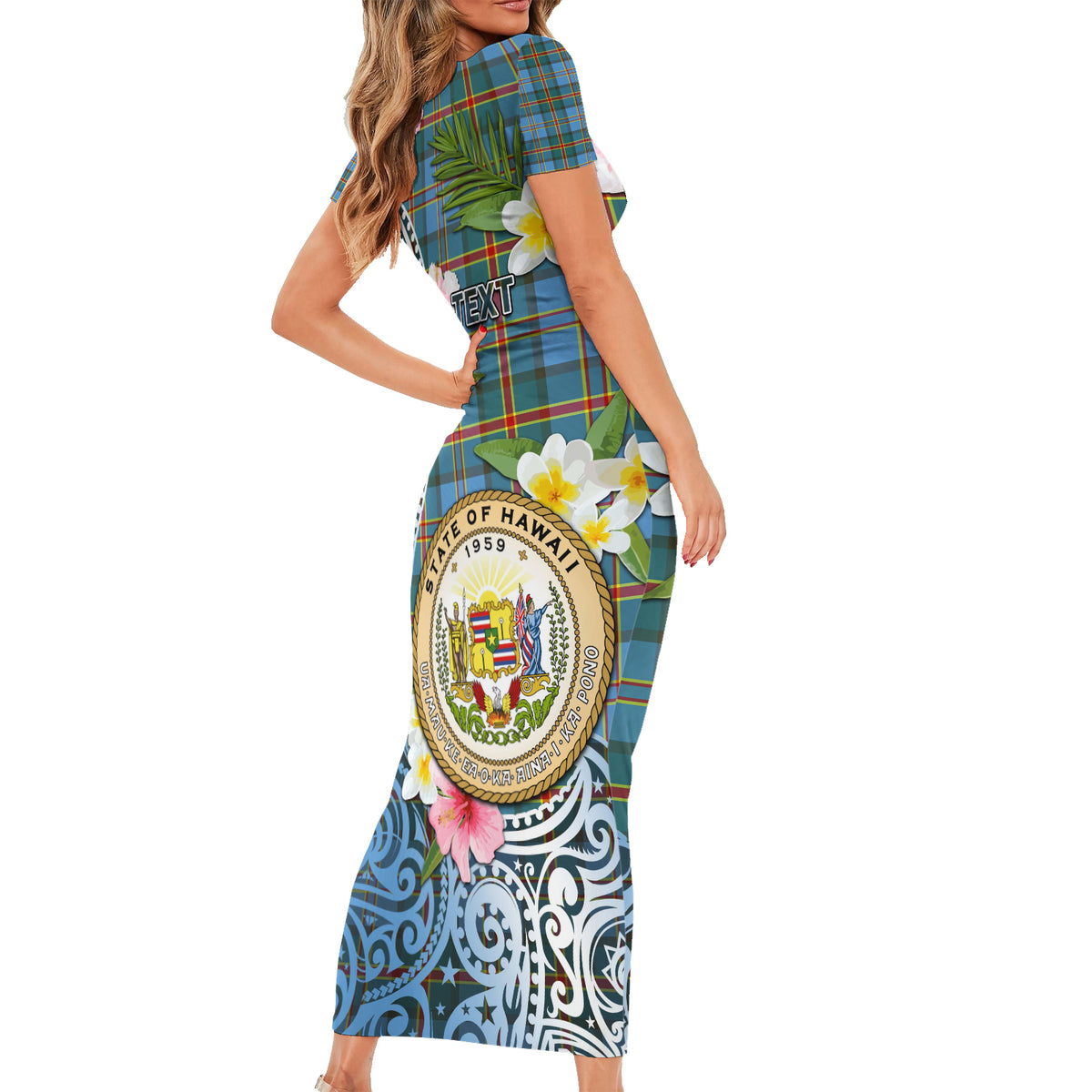 Personalised Hawaii State Short Sleeve Bodycon Dress Tropical Flowers With Tartan Pattern LT05 - Polynesian Pride