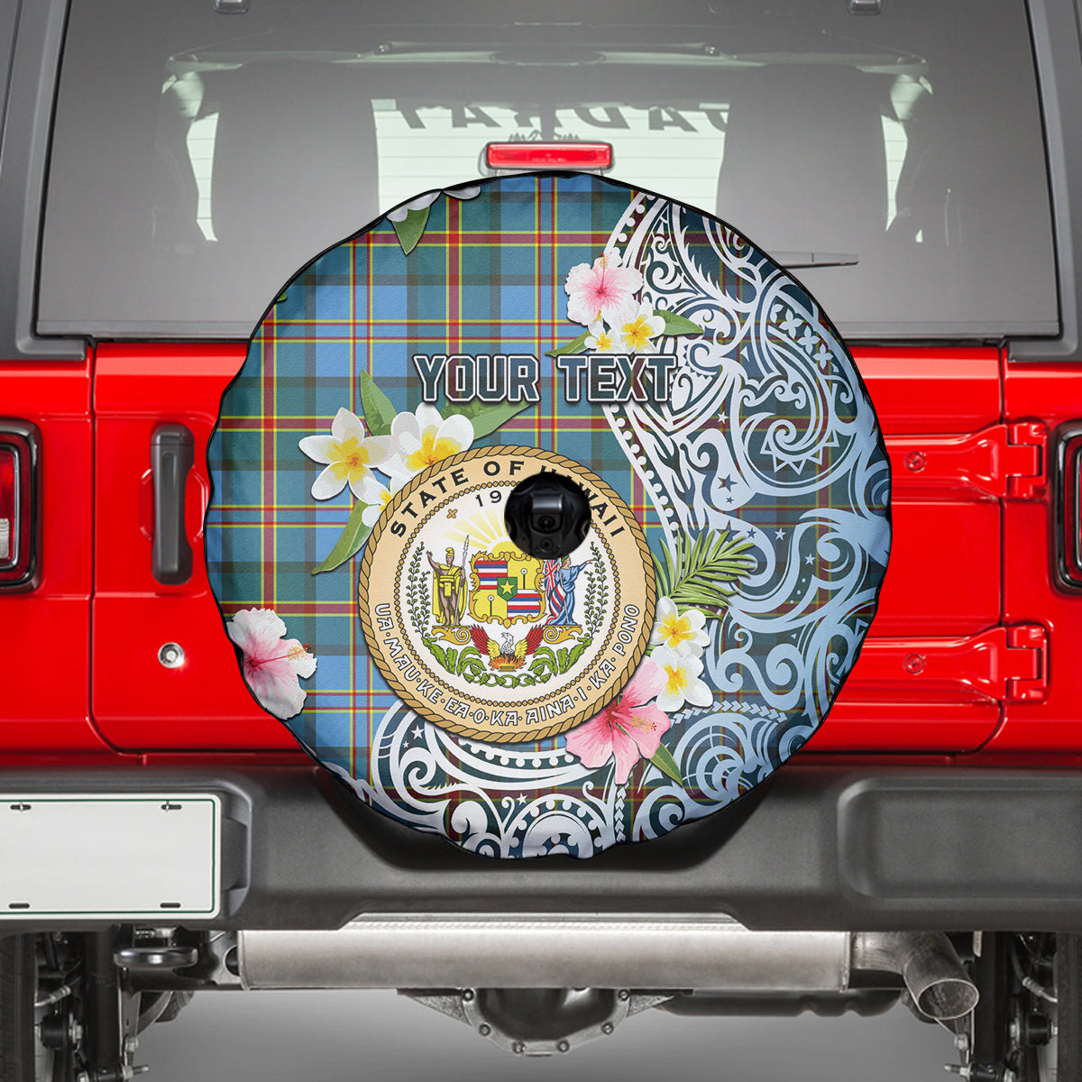 Hawaii State Spare Tire Cover Tropical Flowers With Tartan Pattern LT05 - Polynesian Pride