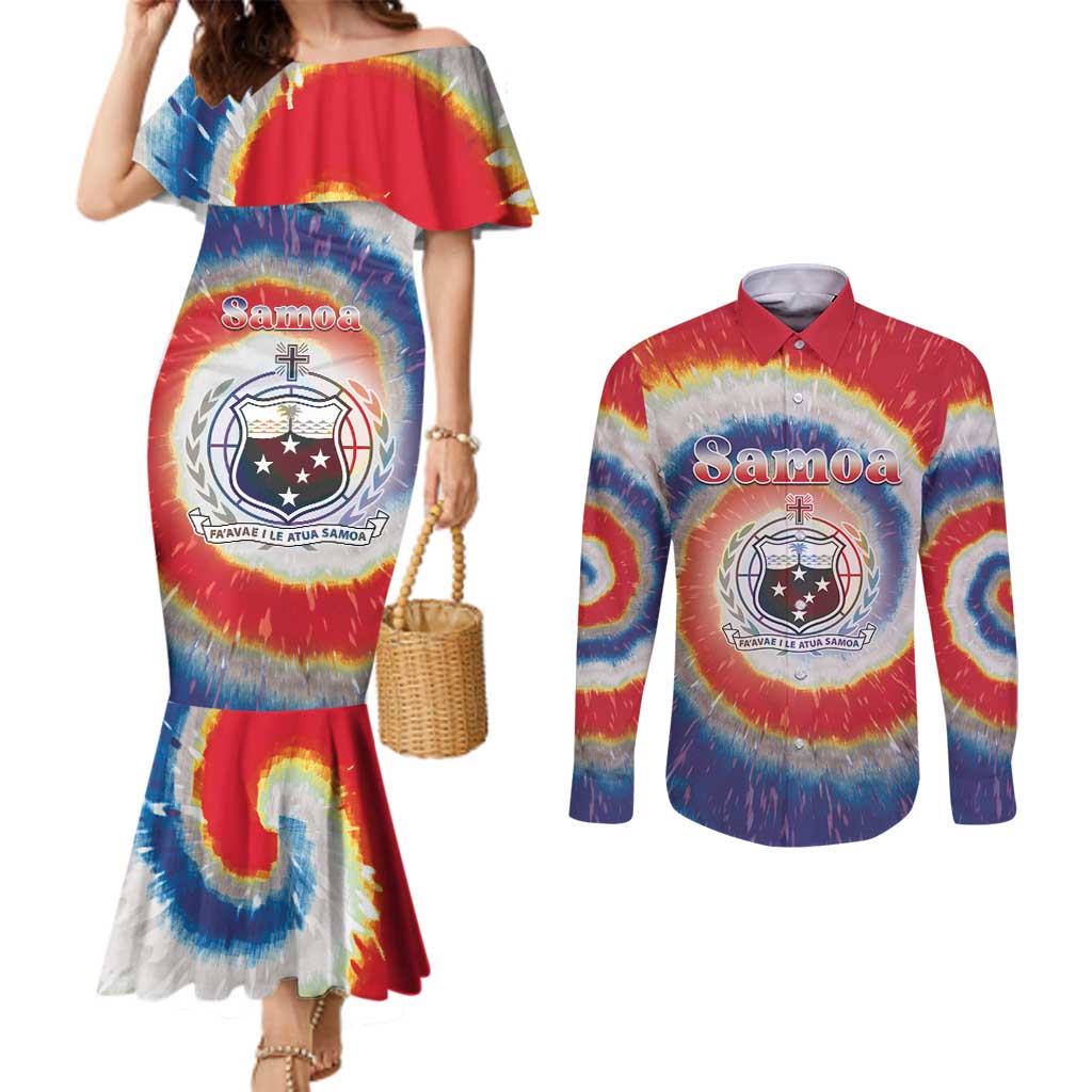 Samoa Couples Matching Mermaid Dress and Long Sleeve Button Shirt Tie Dye Unique Style