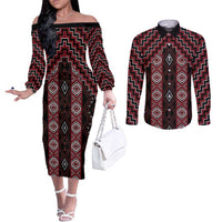 New Zealand Aotearoa Couples Matching Off The Shoulder Long Sleeve Dress and Long Sleeve Button Shirt Red Poutama With Taniko Pattern LT05