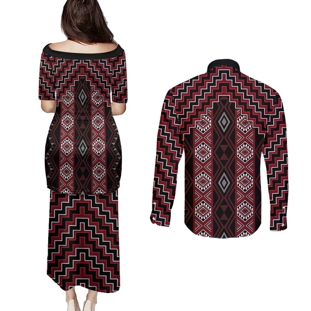 New Zealand Aotearoa Couples Matching Puletasi and Long Sleeve Button Shirt Red Poutama With Taniko Pattern LT05