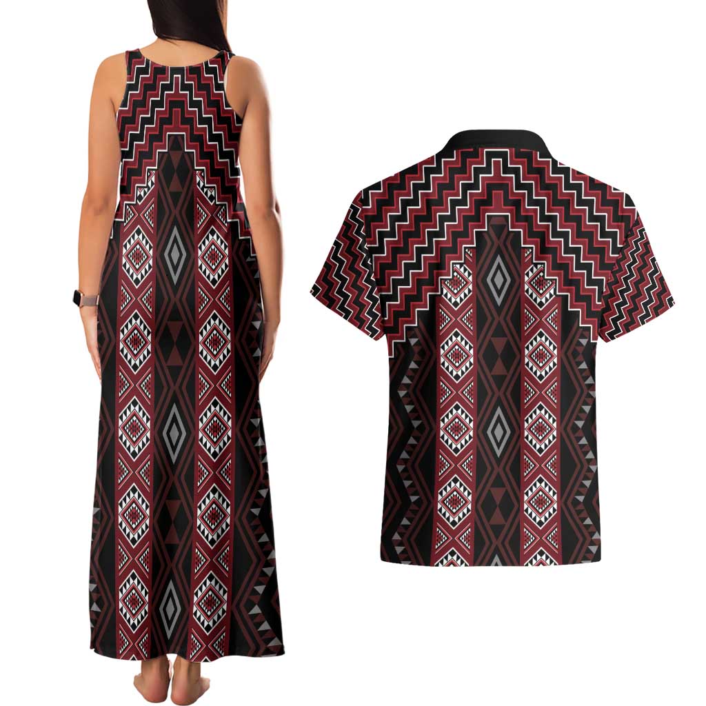 New Zealand Aotearoa Couples Matching Tank Maxi Dress and Hawaiian Shirt Red Poutama With Taniko Pattern LT05