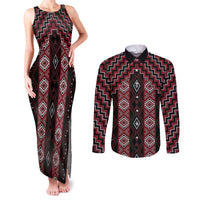 New Zealand Aotearoa Couples Matching Tank Maxi Dress and Long Sleeve Button Shirt Red Poutama With Taniko Pattern LT05