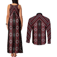 New Zealand Aotearoa Couples Matching Tank Maxi Dress and Long Sleeve Button Shirt Red Poutama With Taniko Pattern LT05
