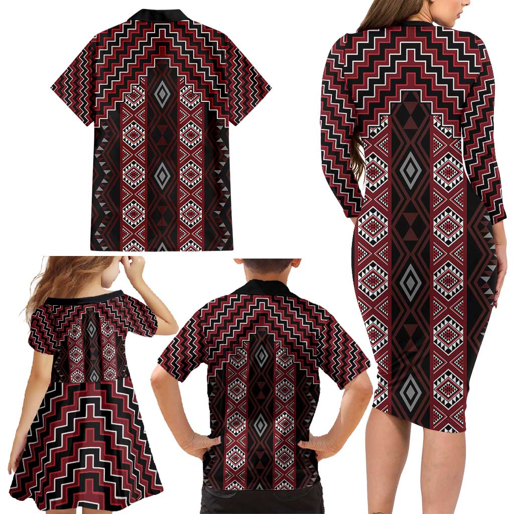New Zealand Aotearoa Family Matching Long Sleeve Bodycon Dress and Hawaiian Shirt Red Poutama With Taniko Pattern LT05