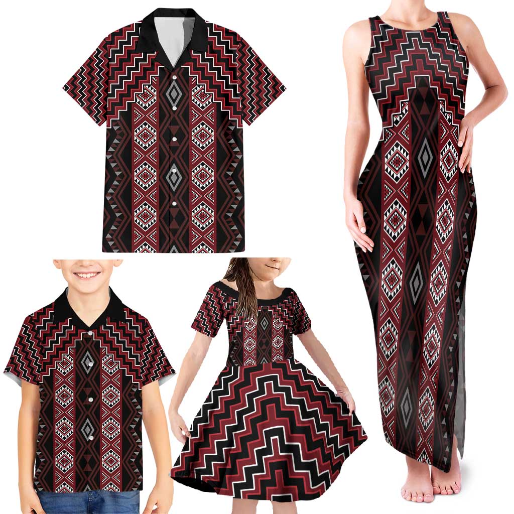 New Zealand Aotearoa Family Matching Tank Maxi Dress and Hawaiian Shirt Red Poutama With Taniko Pattern LT05