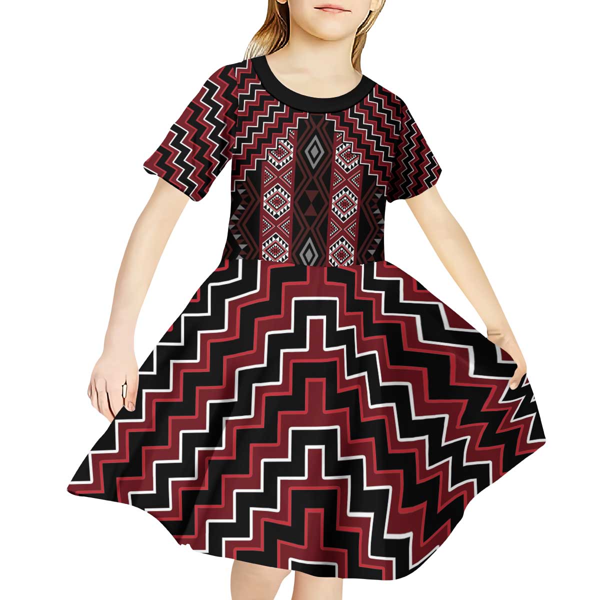 New Zealand Aotearoa Kid Short Sleeve Dress Red Poutama With Taniko Pattern LT05