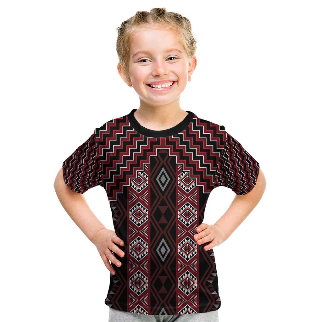 New Zealand Aotearoa Kid T Shirt Red Poutama With Taniko Pattern LT05