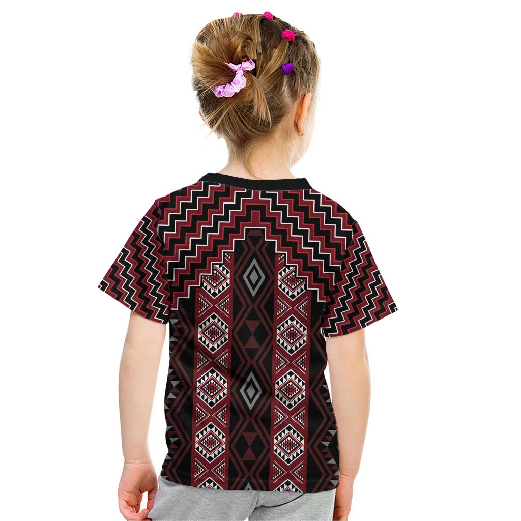 New Zealand Aotearoa Kid T Shirt Red Poutama With Taniko Pattern LT05