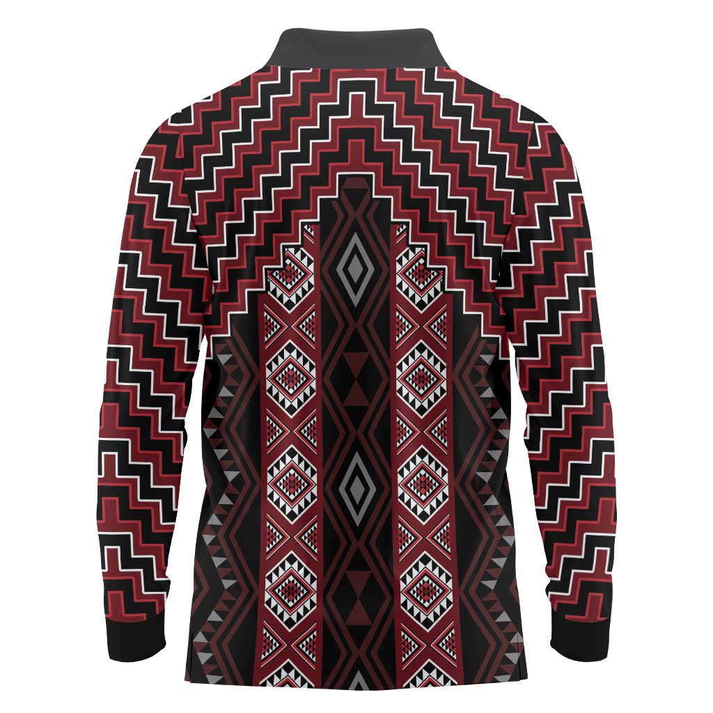 New Zealand Aotearoa Long Sleeve Polo Shirt Red Poutama With Taniko Pattern LT05