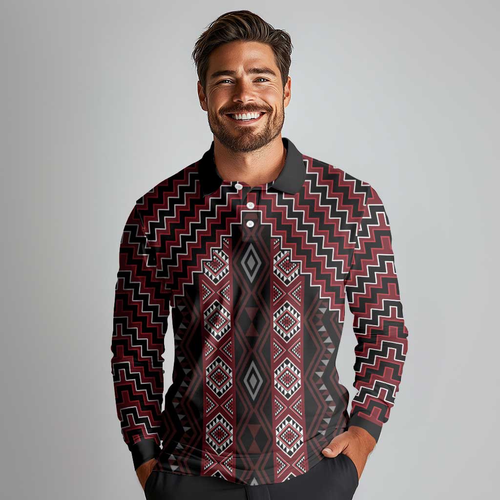 New Zealand Aotearoa Long Sleeve Polo Shirt Red Poutama With Taniko Pattern LT05