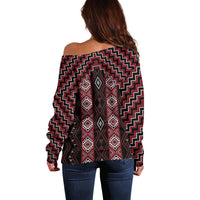 New Zealand Aotearoa Off Shoulder Sweater Red Poutama With Taniko Pattern LT05