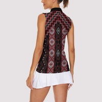 New Zealand Aotearoa Women Sleeveless Polo Shirt Red Poutama With Taniko Pattern LT05