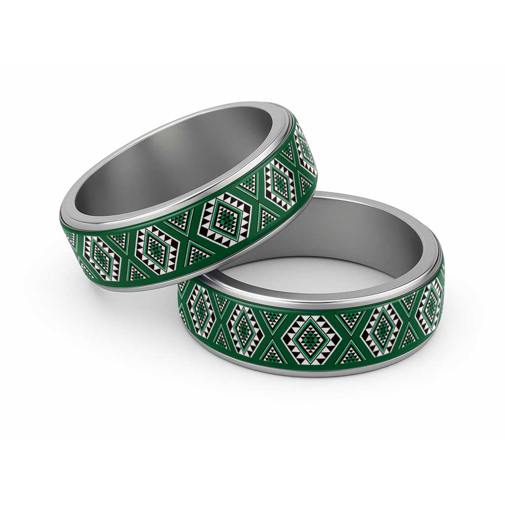 New Zealand Aotearoa Classic Ring Green Poutama With Taniko Pattern LT05 Sliver Green - Polynesian Pride