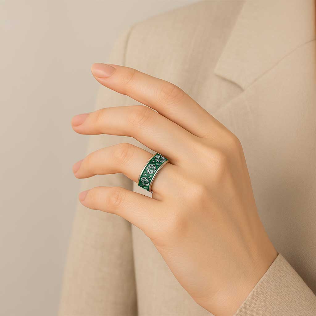 New Zealand Aotearoa Classic Ring Green Poutama With Taniko Pattern - Polynesian Pride