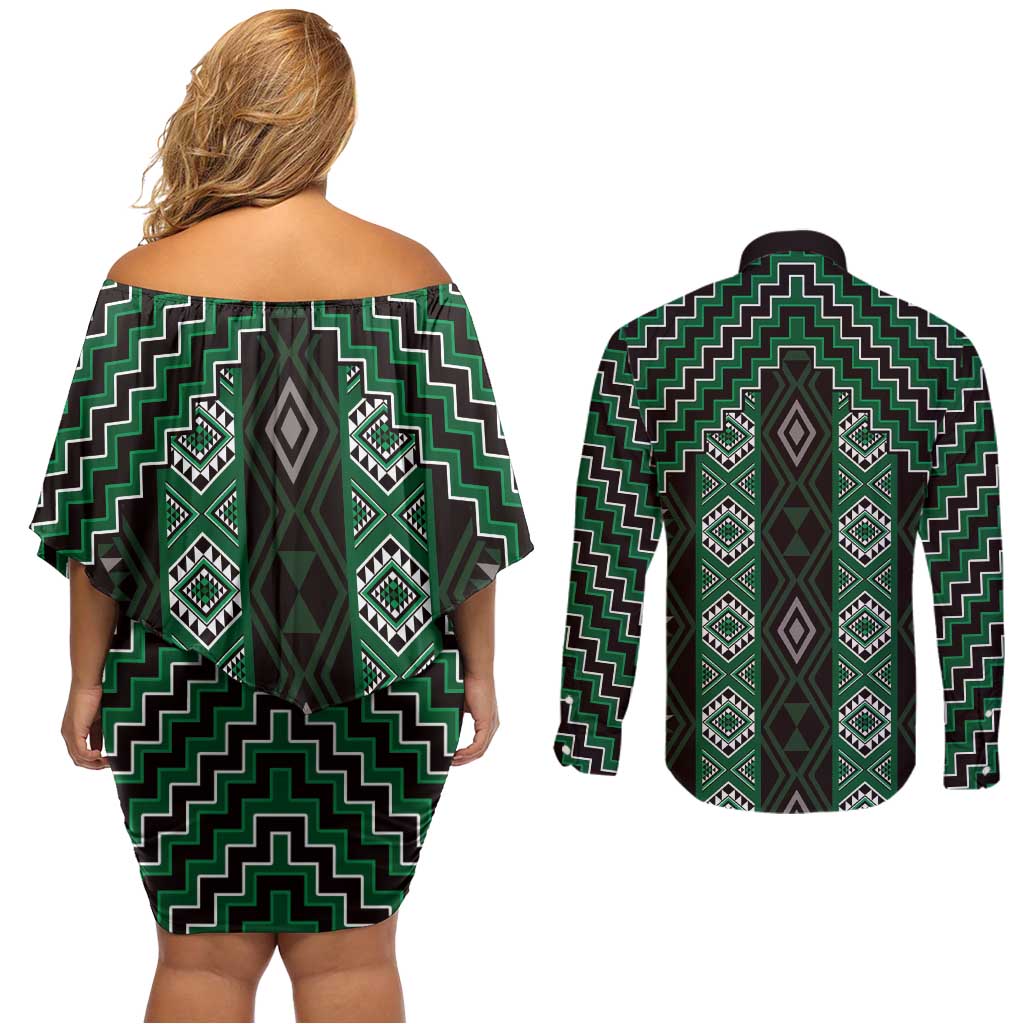 New Zealand Aotearoa Couples Matching Off Shoulder Short Dress and Long Sleeve Button Shirt Green Poutama With Taniko Pattern LT05