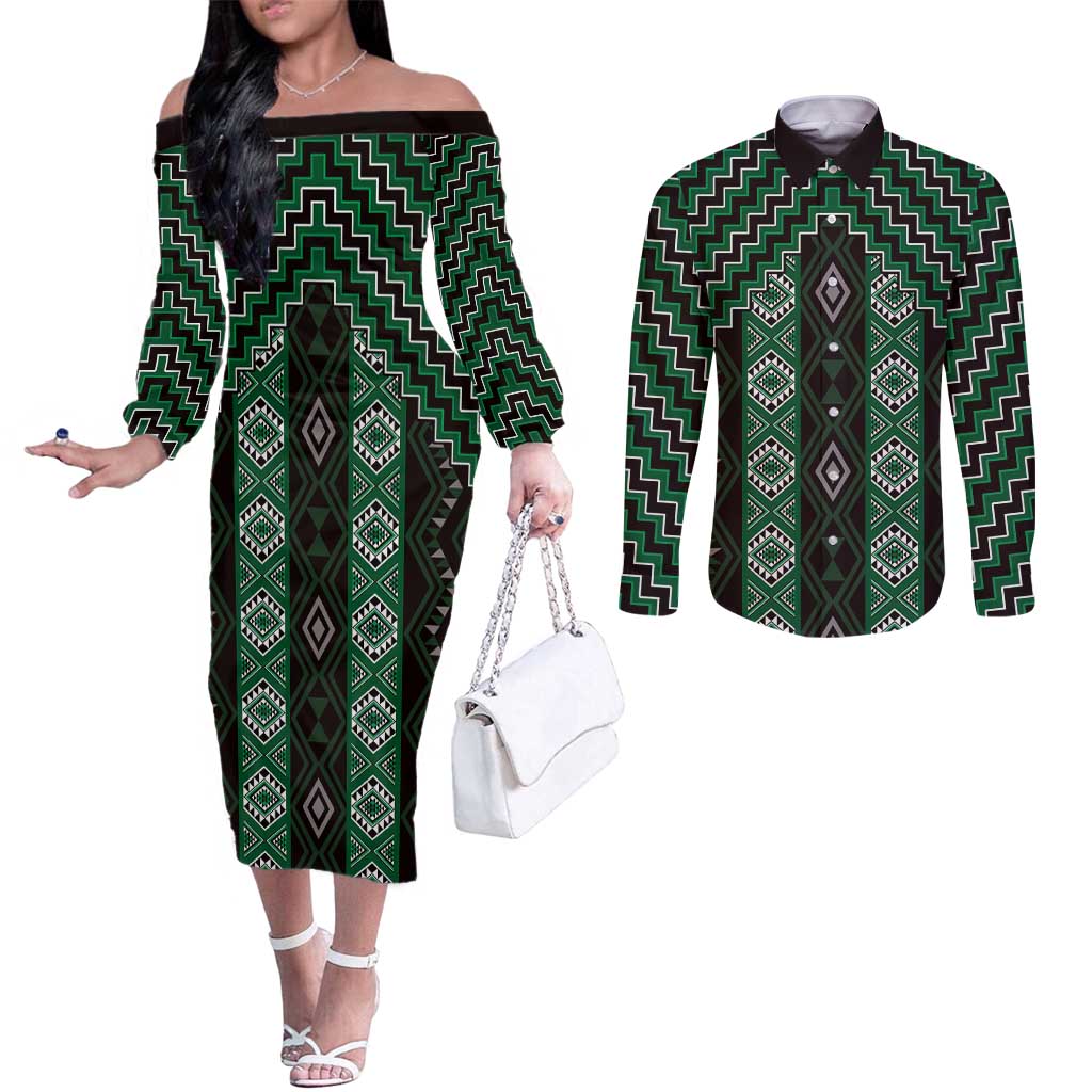 New Zealand Aotearoa Couples Matching Off The Shoulder Long Sleeve Dress and Long Sleeve Button Shirt Green Poutama With Taniko Pattern LT05 Green - Polynesian Pride