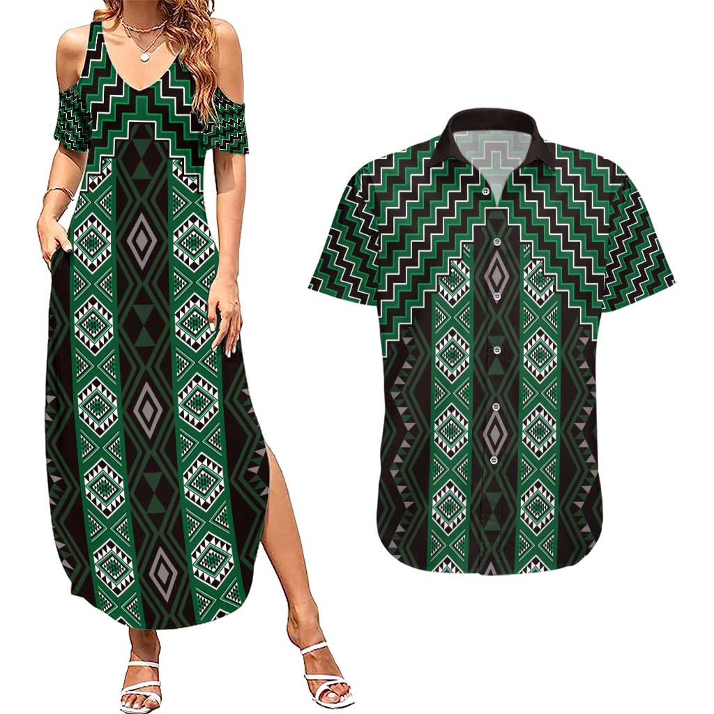 New Zealand Aotearoa Couples Matching Summer Maxi Dress and Hawaiian Shirt Green Poutama With Taniko Pattern LT05