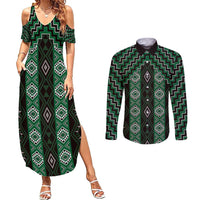 New Zealand Aotearoa Couples Matching Summer Maxi Dress and Long Sleeve Button Shirt Green Poutama With Taniko Pattern LT05