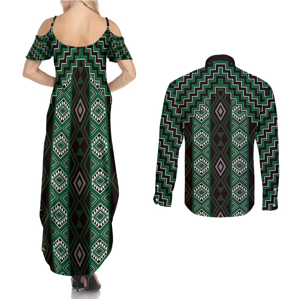 New Zealand Aotearoa Couples Matching Summer Maxi Dress and Long Sleeve Button Shirt Green Poutama With Taniko Pattern LT05