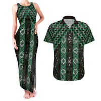 New Zealand Aotearoa Couples Matching Tank Maxi Dress and Hawaiian Shirt Green Poutama With Taniko Pattern LT05