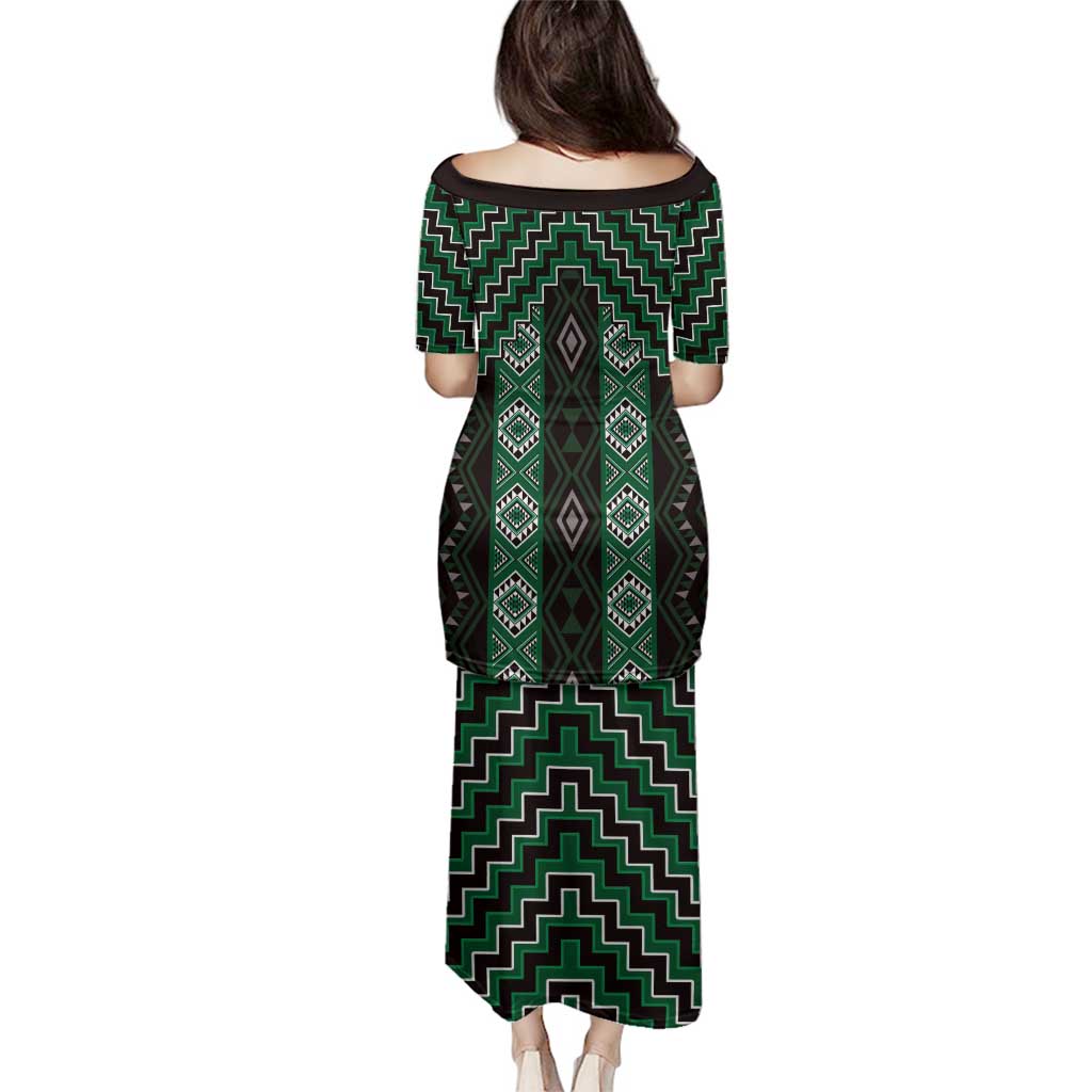 New Zealand Aotearoa Family Matching Puletasi and Hawaiian Shirt Green Poutama With Taniko Pattern LT05