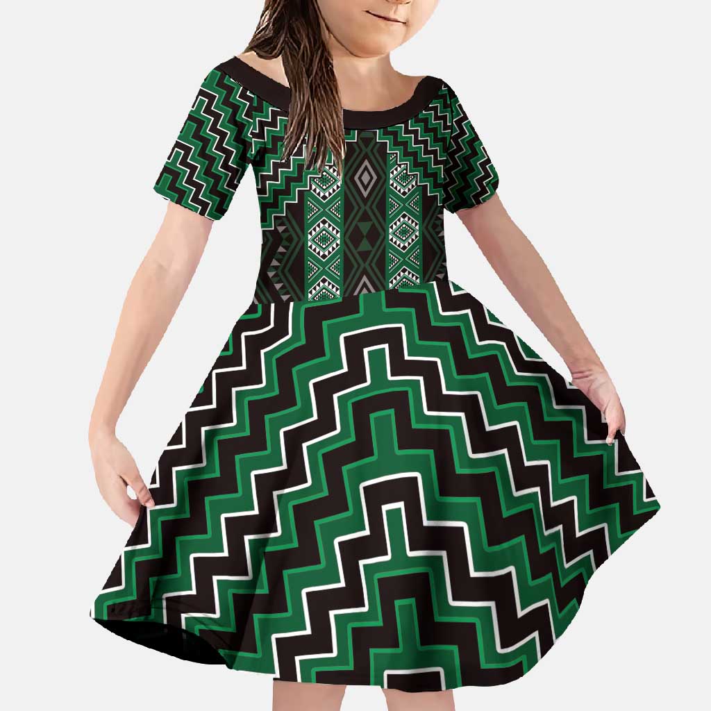 New Zealand Aotearoa Family Matching Tank Maxi Dress and Hawaiian Shirt Green Poutama With Taniko Pattern LT05