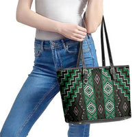 New Zealand Aotearoa Leather Tote Bag Green Poutama With Taniko Pattern LT05