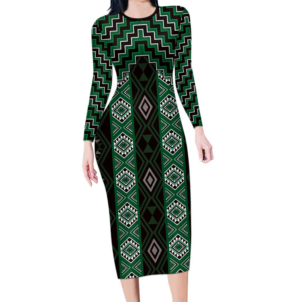 New Zealand Aotearoa Long Sleeve Bodycon Dress Green Poutama With Taniko Pattern LT05