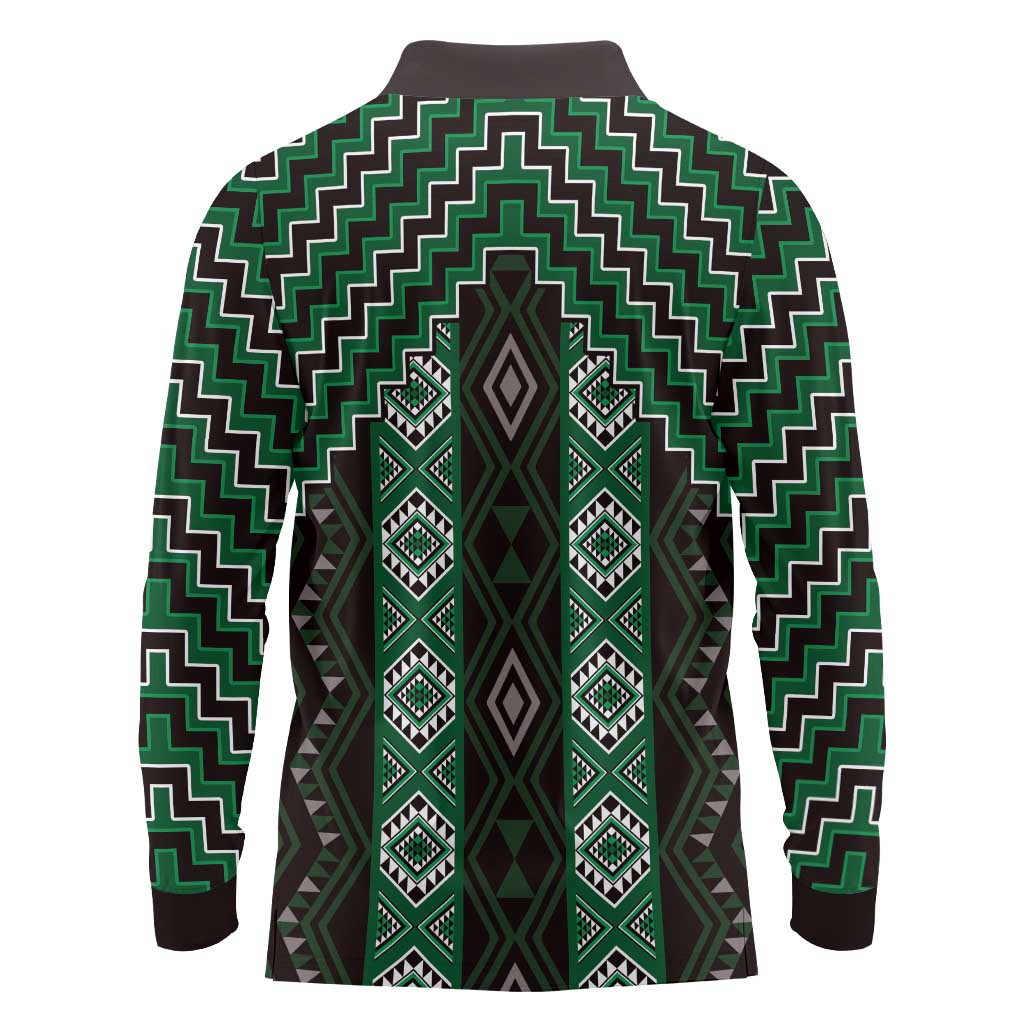 New Zealand Aotearoa Long Sleeve Polo Shirt Green Poutama With Taniko Pattern LT05