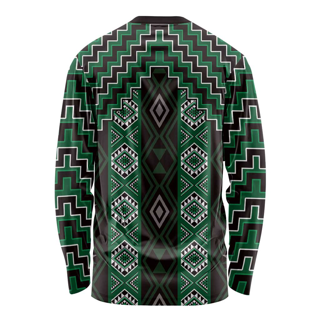 New Zealand Aotearoa Long Sleeve Shirt Green Poutama With Taniko Pattern LT05