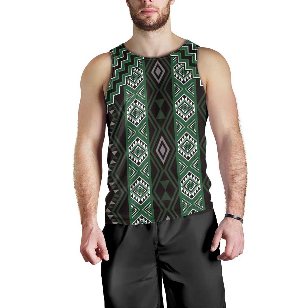 New Zealand Aotearoa Men Tank Top Green Poutama With Taniko Pattern LT05