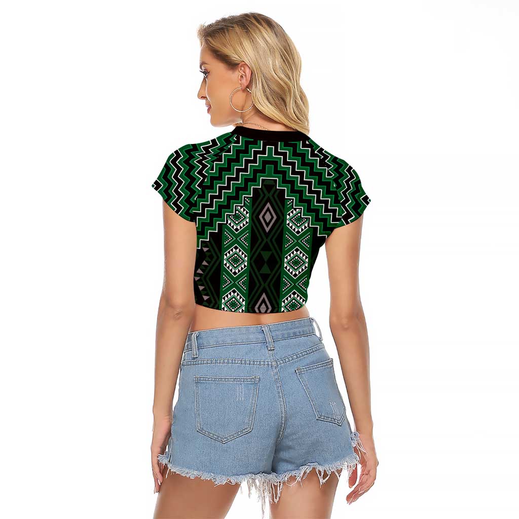 New Zealand Aotearoa Raglan Cropped T Shirt Green Poutama With Taniko Pattern LT05